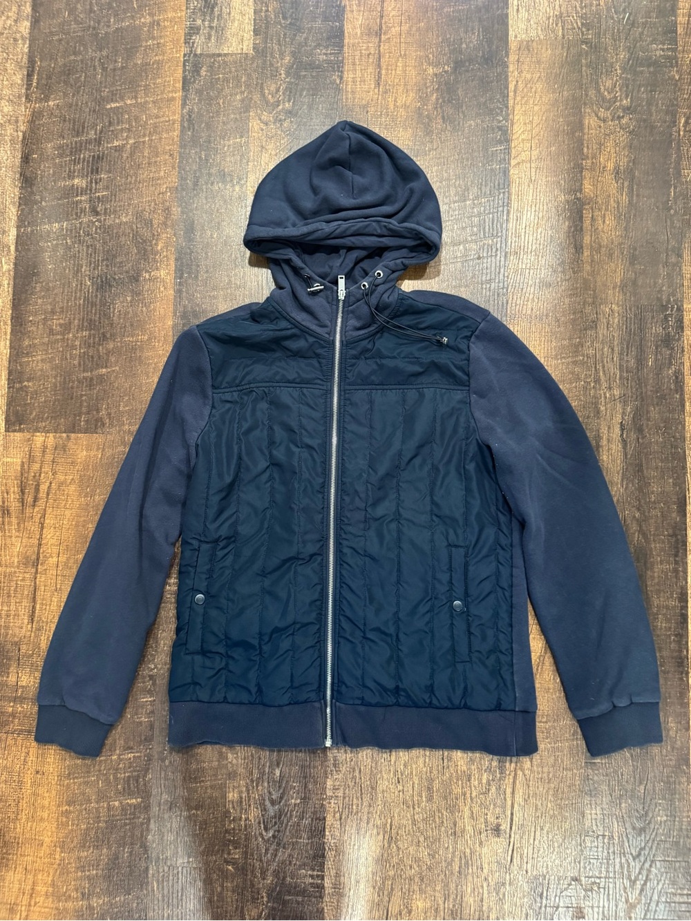 Magaschoni men’s navy zip up jacket with hood